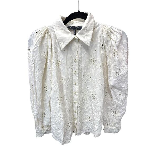 BCBGMAXAZRIA White Eyelet Puff Sleeve Blouse Size 6 Cotton Lined Embroidered - Picture 2 of 13